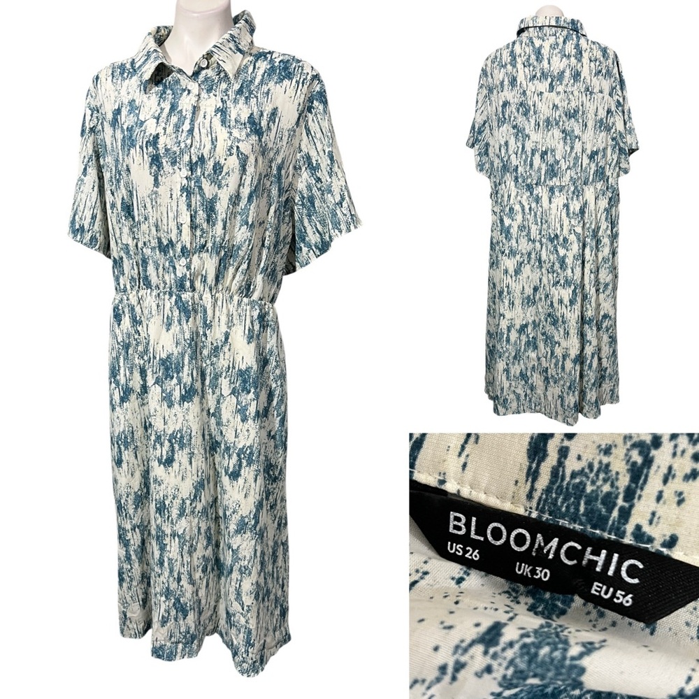 BloomChic Dress plus‎ size 26 Teal/white short Sleeve half-button midi